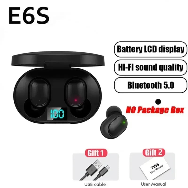 TWS E6S Wireless Bluetooth Earphones By Mic LED Display Stereo Noise Cancelling Headset With Charging Cable For All Smartphone