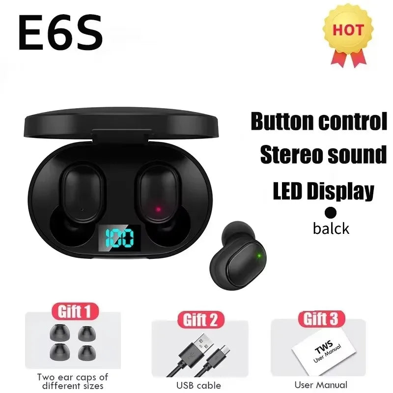TWS E6S Wireless Bluetooth Earphones By Mic LED Display Stereo Noise Cancelling Headset With Charging Cable For All Smartphone