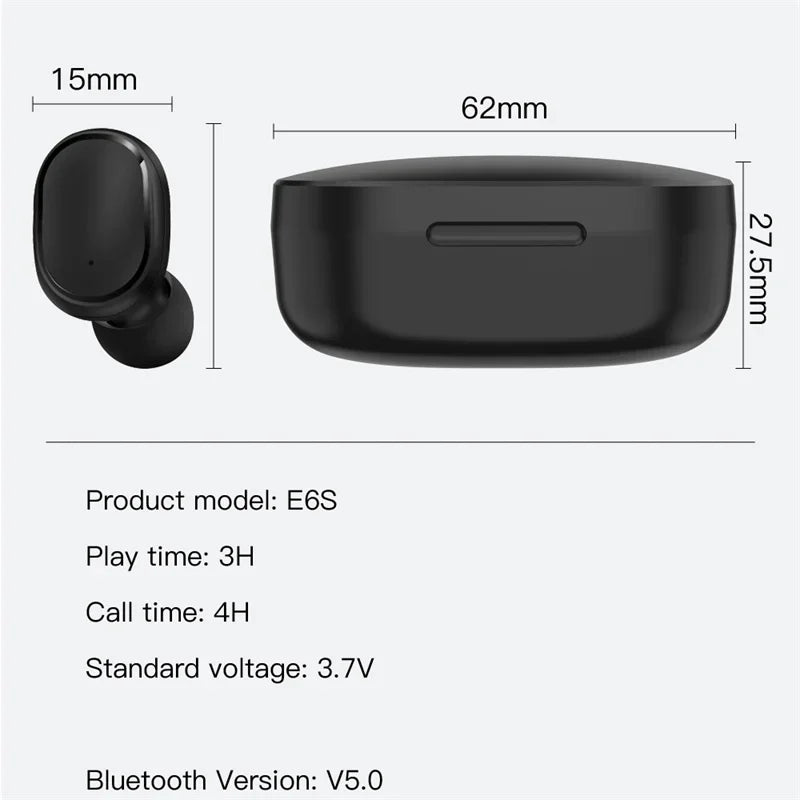 TWS E6S Wireless Bluetooth Earphones By Mic LED Display Stereo Noise Cancelling Headset With Charging Cable For All Smartphone