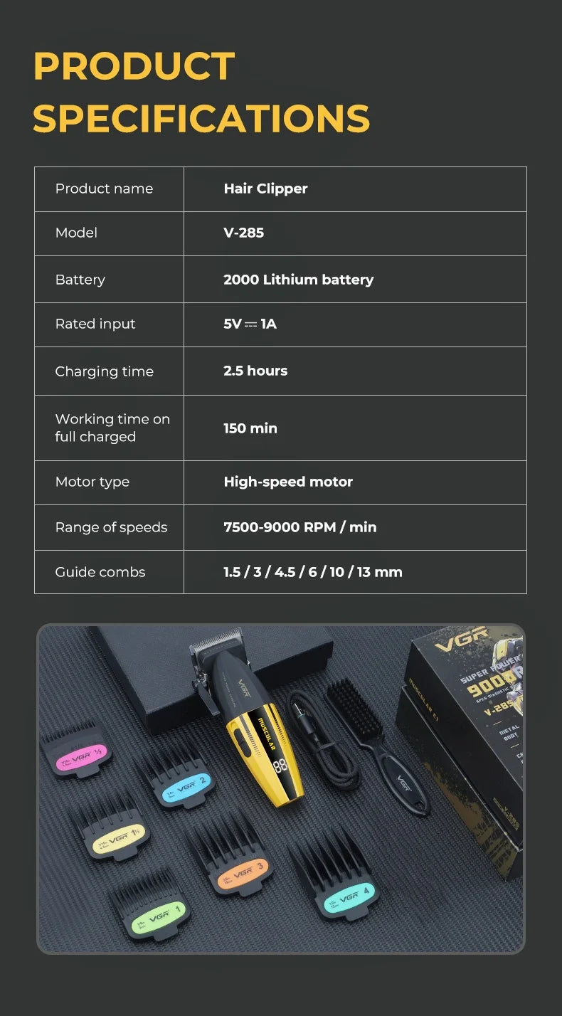 VGR V-285 Professional Hair Clipper – Cordless Barber Trimmer 9000 RPM