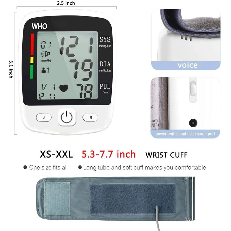 Rechargeable Digital Wrist Blood Pressure Monitor – LCD Display & Memory