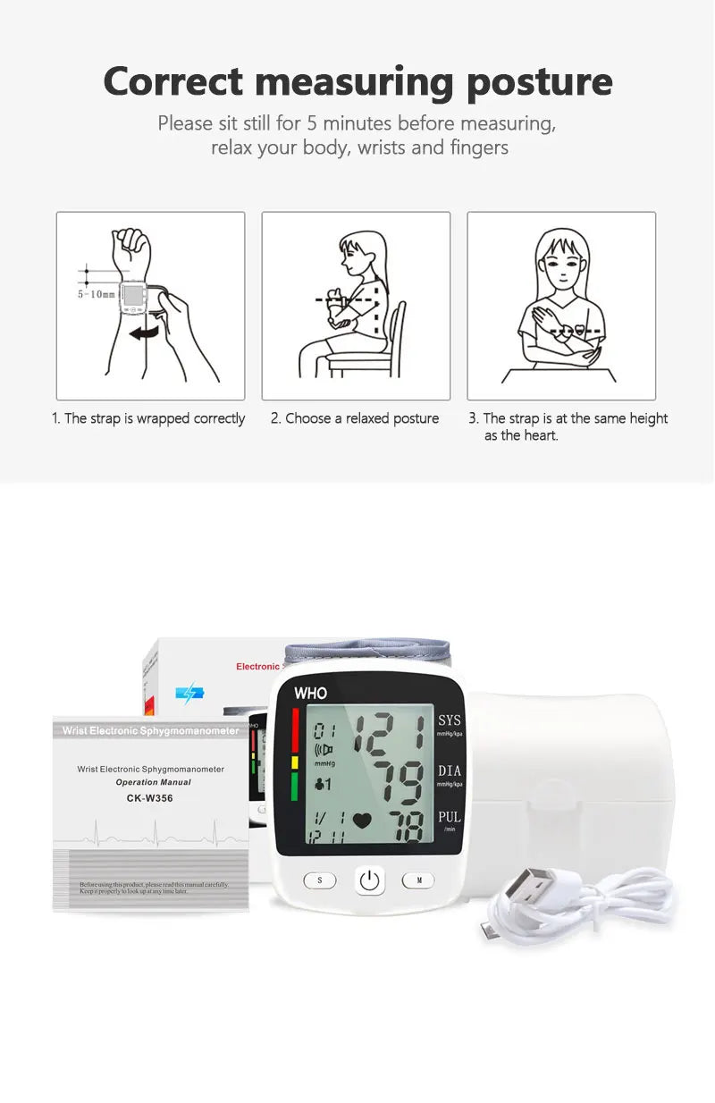 Rechargeable Digital Wrist Blood Pressure Monitor – LCD Display & Memory