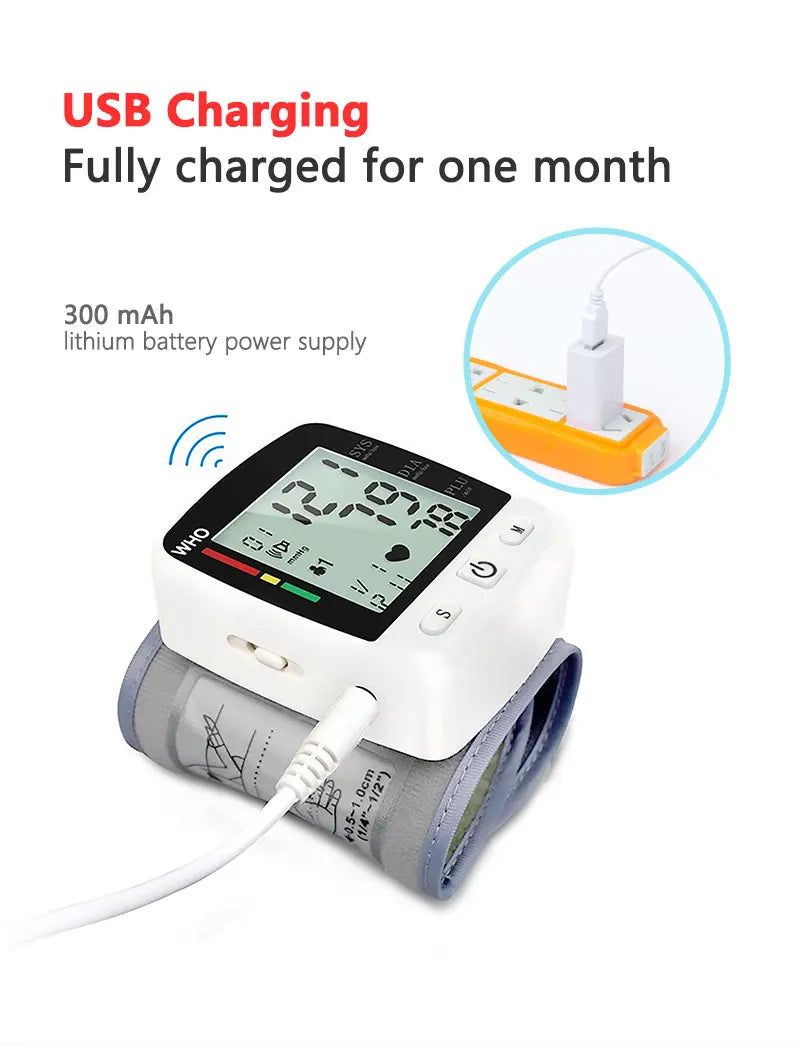 Rechargeable Digital Wrist Blood Pressure Monitor – LCD Display & Memory