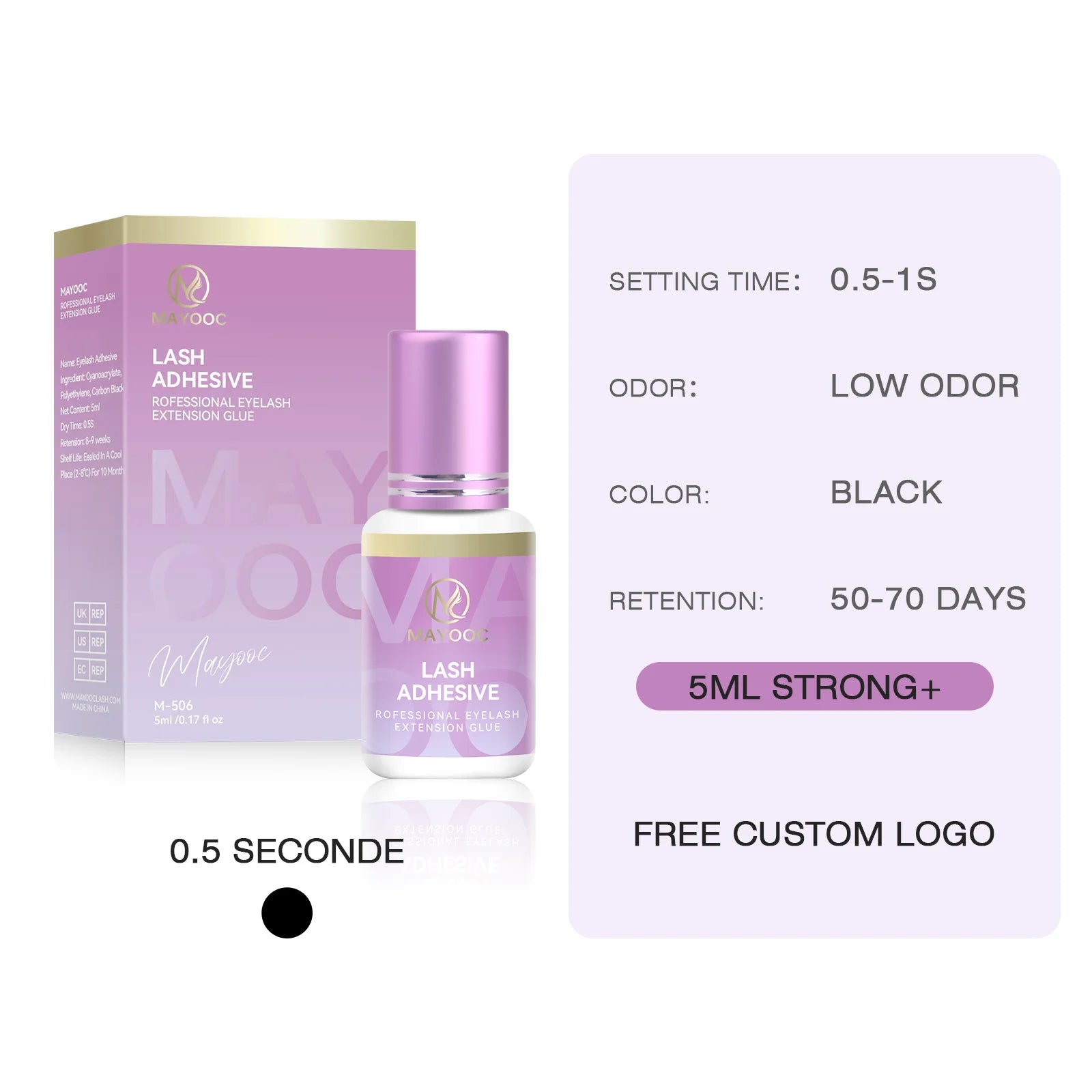 MAYOOC 0.3s Eyelash Extension Glue – Fast Dry Black Lash Adhesive for Sensitive Eyes