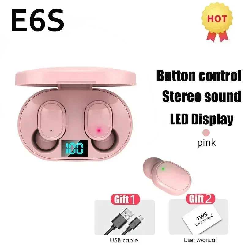 TWS E6S Wireless Bluetooth Earphones By Mic LED Display Stereo Noise Cancelling Headset With Charging Cable For All Smartphone