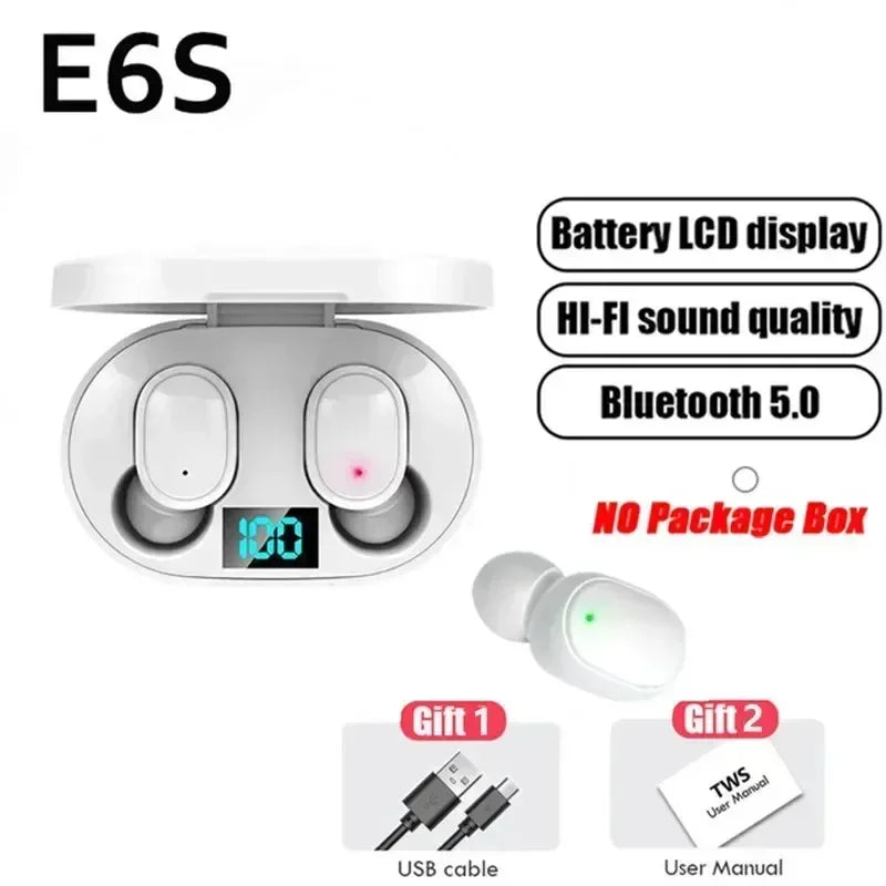 TWS E6S Wireless Bluetooth Earphones By Mic LED Display Stereo Noise Cancelling Headset With Charging Cable For All Smartphone