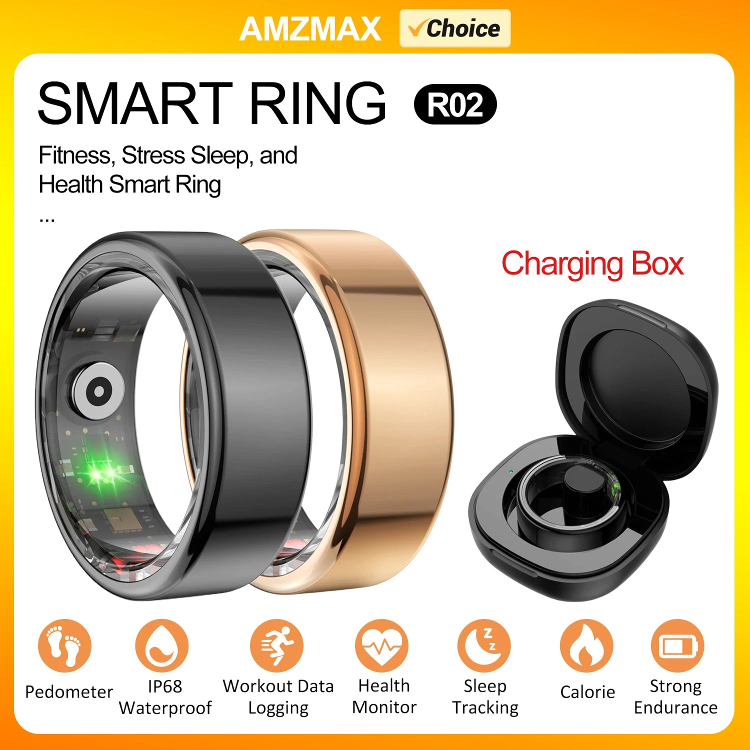 AMZMAX R02 Smart Ring – Fitness Tracker, Multi-Sport Modes, Waterproof